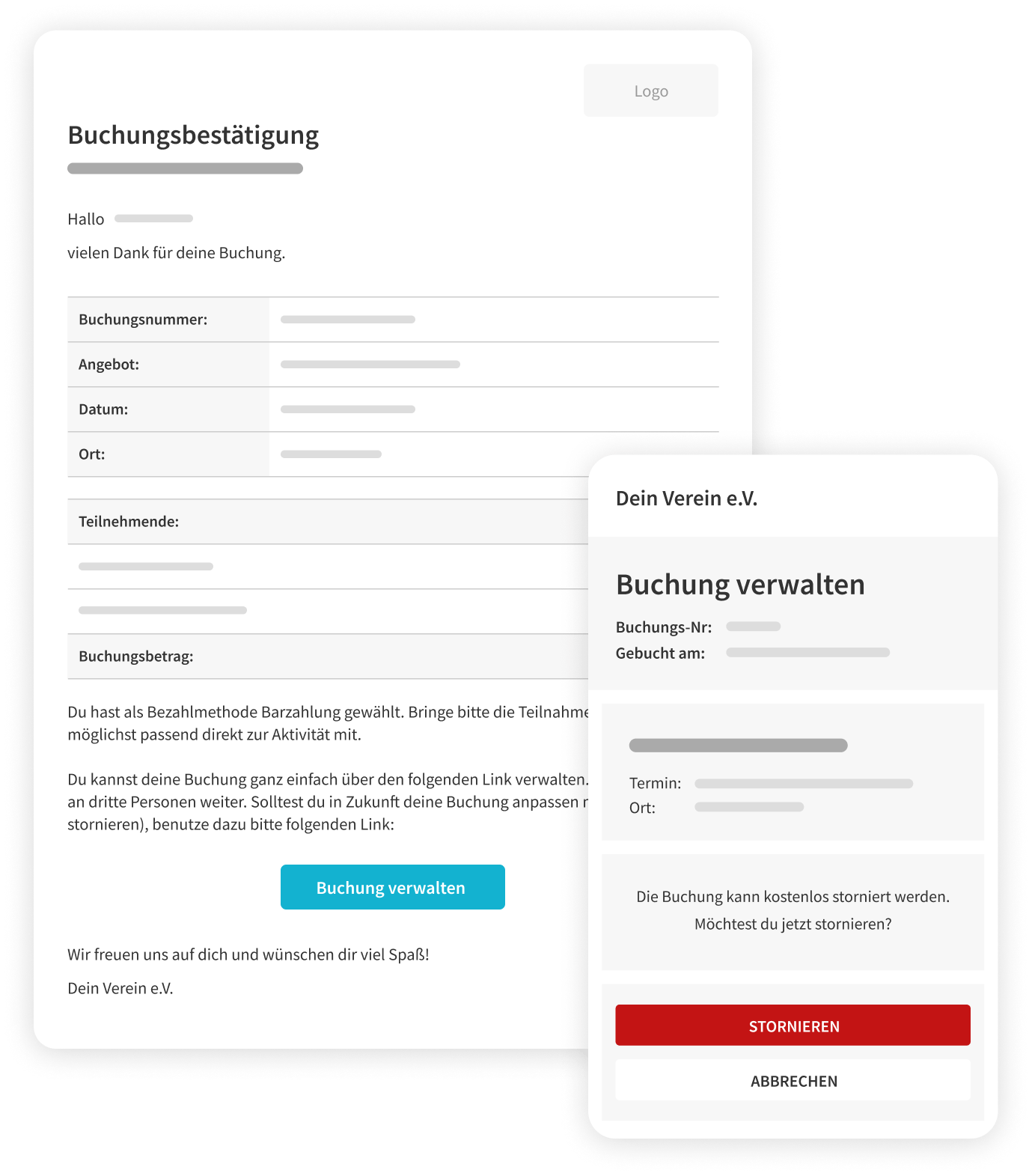 Buchungsbestätigung für Teilnehmende mit Stornierungsoption